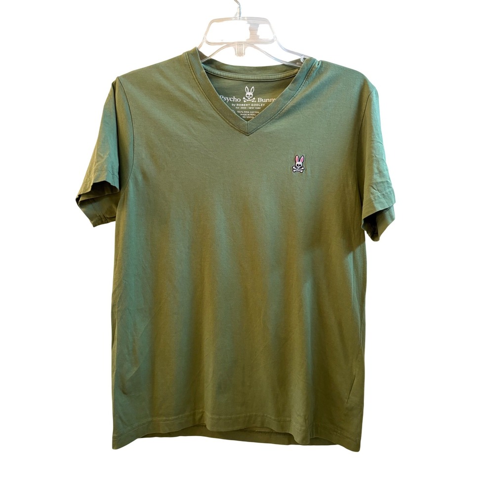 Psycho Bunny‎ Mens Olive Green V-Neck Pima Cotton T-Shirt Size 3 S Small Logo